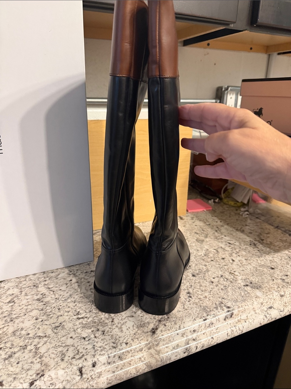 New in box. Saks fifth Avenue Kensington riding boot in black with brown trim - Picture 5 of 6